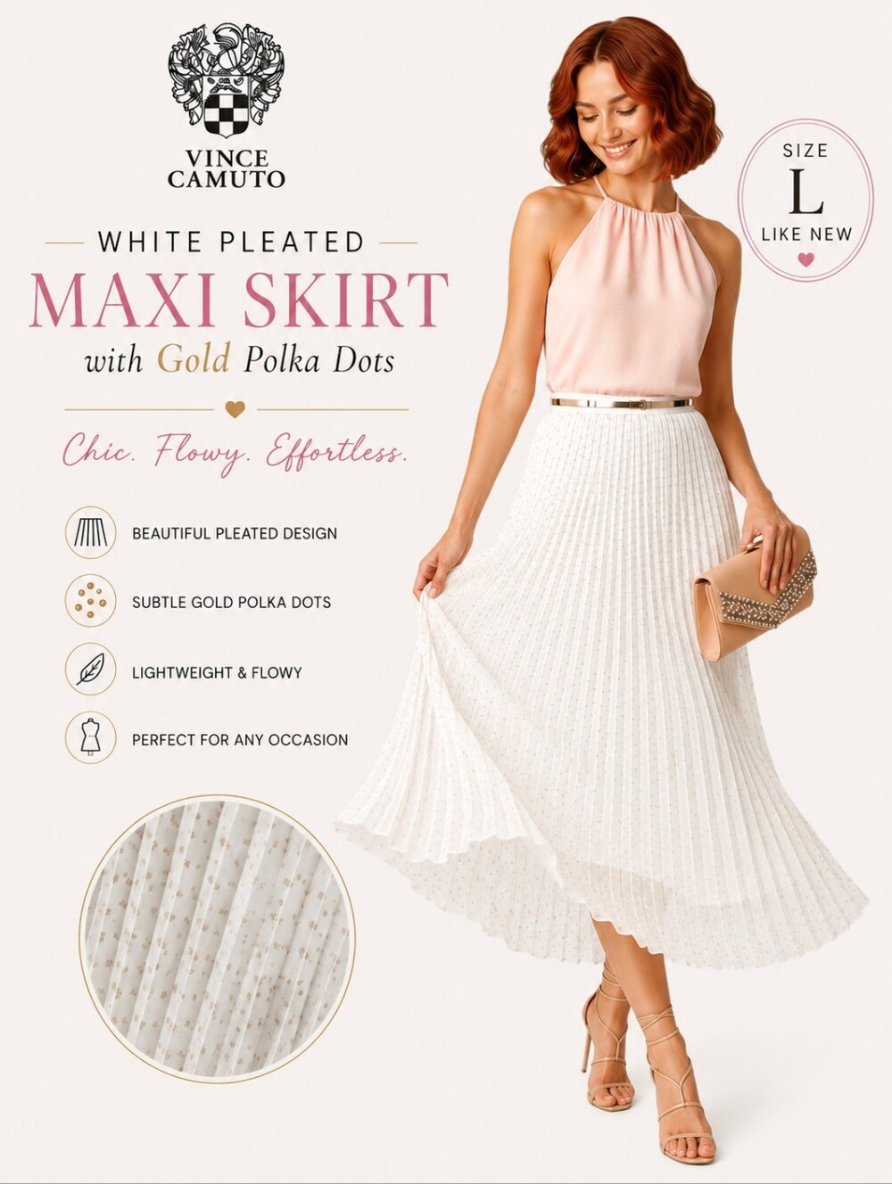Vince Camuto White Pleated Polka Dot Maxi Skirt Size L |Chic Flowy|Like New